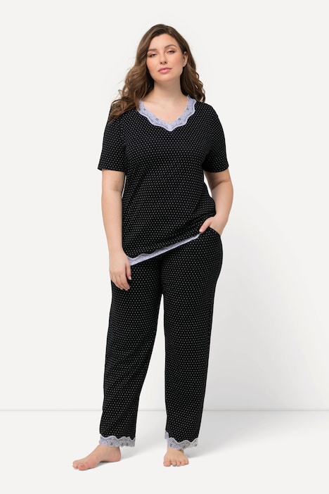 Pyjama, Punkte, Spitze, V-Ausschnitt, Halbarm