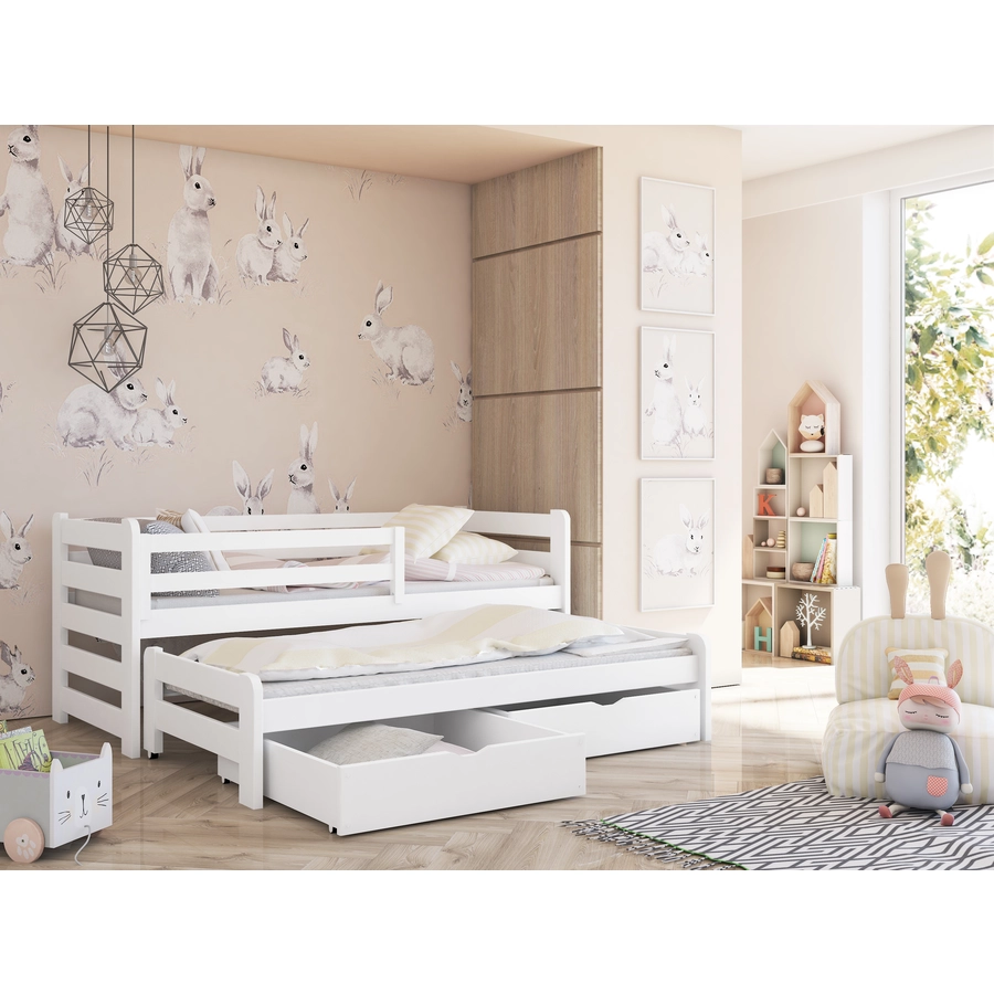 Kids Collective Einzelbett 90x200 mit Rausziehbett 90x190 mit 2 Schubladen, Rausfallschutz weiß