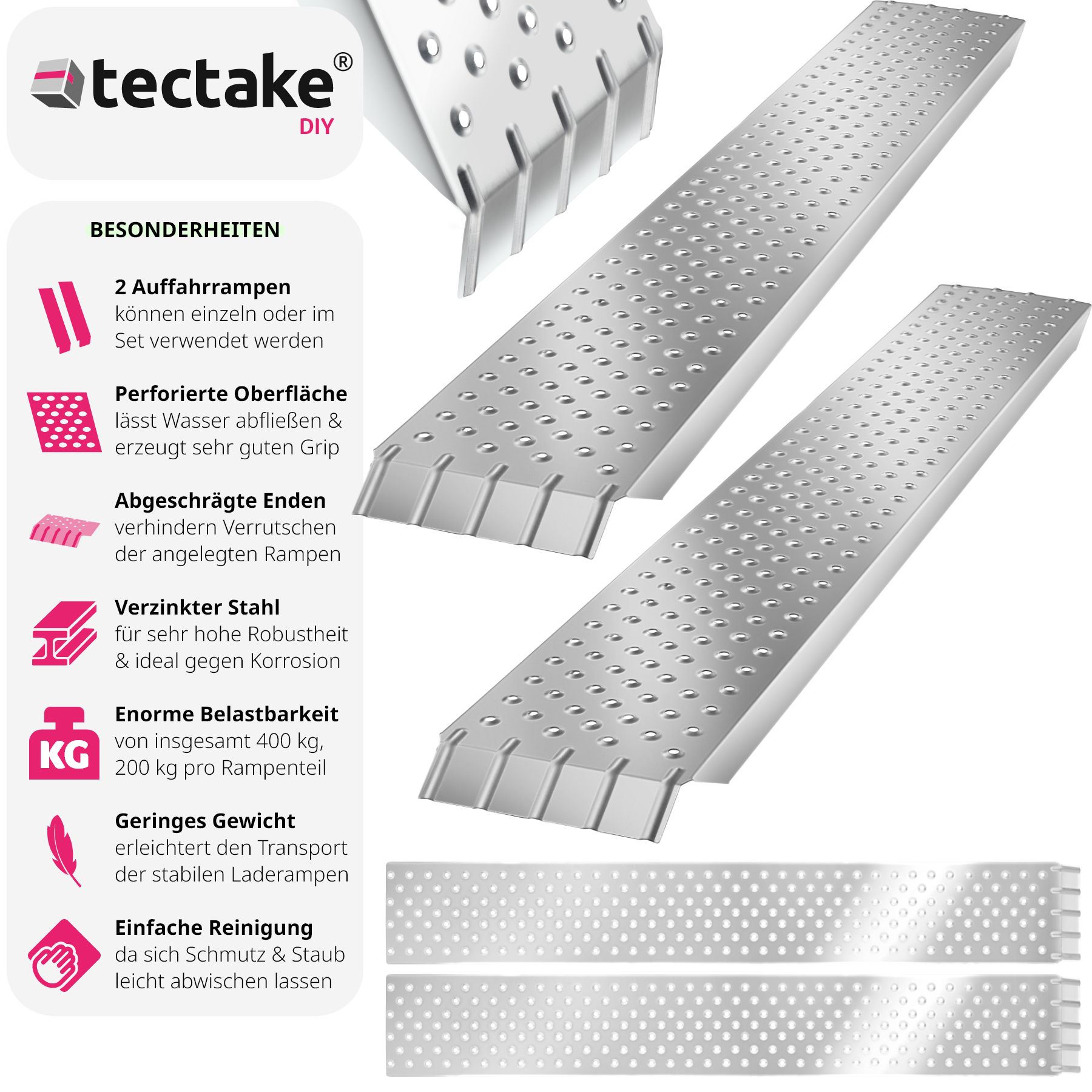 tectake® Auffahrrampen, 2er Set, rutschfeste, perforierte Oberfläche, 160 x 23 x 4,5 cm