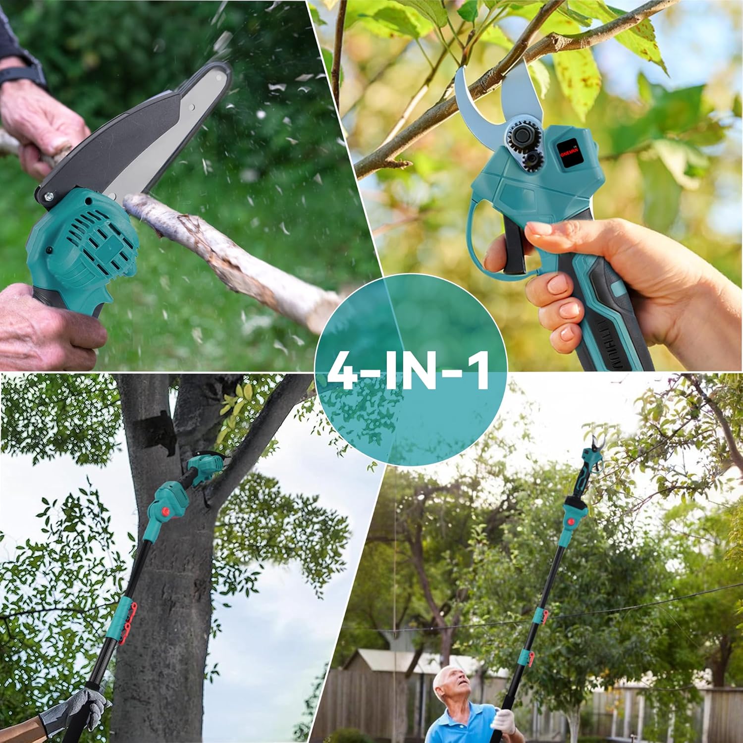 ONEVAN Akku Hochentaster und Astschere mit Teleskopstiel, 4-in-1, Bürstenlose 15 cm Akku Kettensäge + 25 mm Akku Baumschere + 260 cm Teleskopstange, 180° Einstellbarer Winkel, mit 2 4.0Ah Akkus