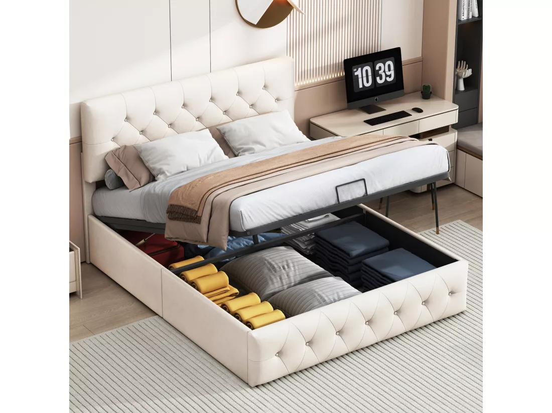 Lit coffre 140 x 200 cm,lit double,tissu velours,beige