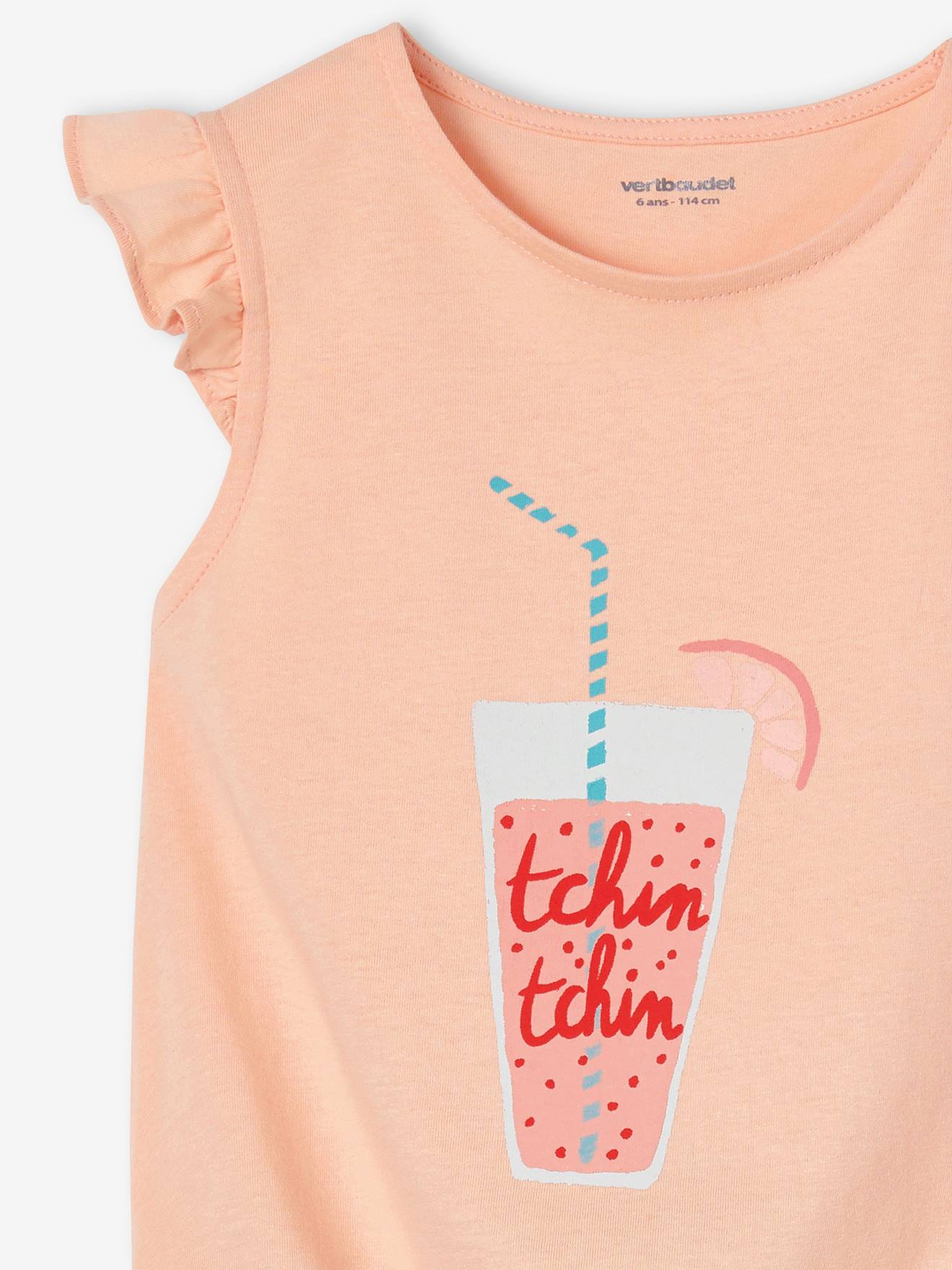 Conjunto com camiseta com detalhe de amarração e babados e shorts coral.