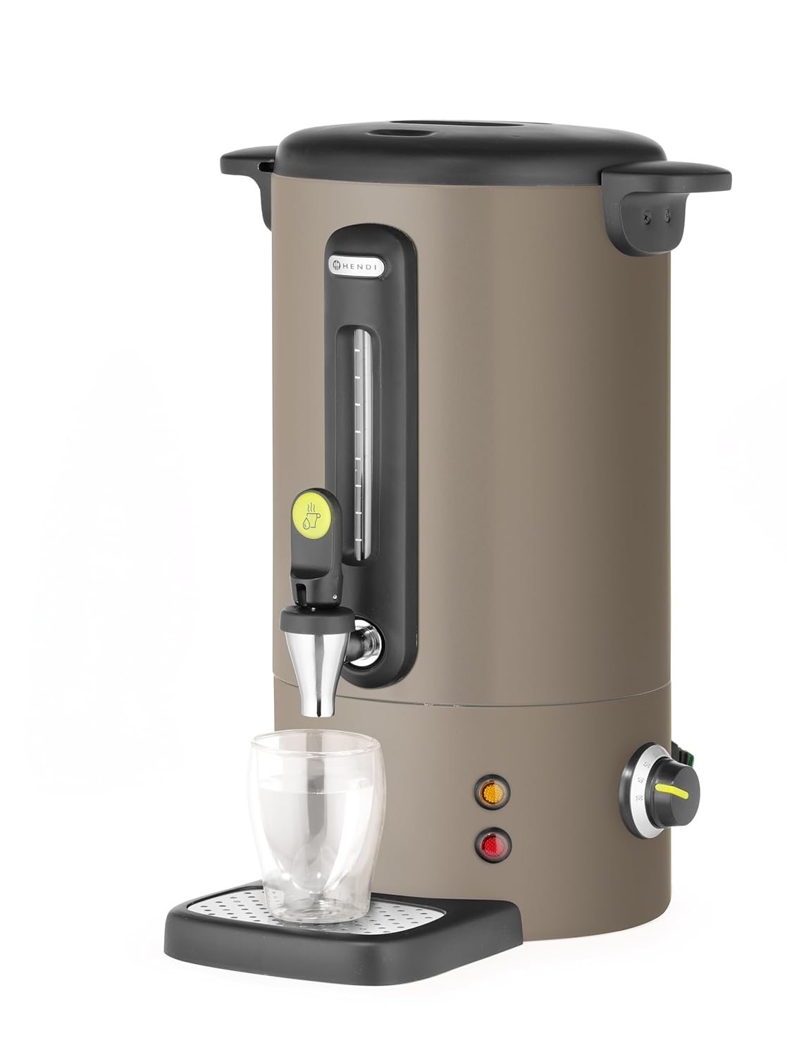 HENDI Heißgetränkespender, UNIQ, für Glühwein und Wasser, tropffreier Zapfhahn, Wasserstandsanzeige, Glühweinkocher, Heißgetränkeautomat, 9L, 230V/950W, 307x330x(H)450mm, Edelstahl, PP, Taupe
