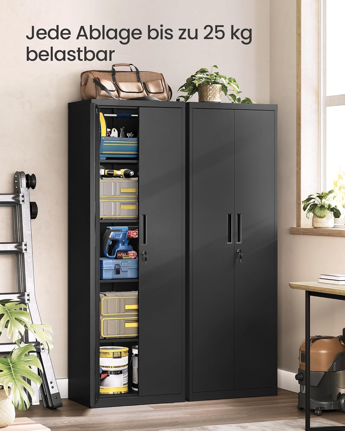 SONGMICS Aktenschrank, Mehrzweckschrank, Aufbewahrungsschrank, 5 Ebenen, 40 x 60 x 180 cm, Doppeltüren, Schloss, Werkzeug, verstellbare Ablagen, Garage, Büro, Wohnzimmer, Mattschwarz OMC014B01