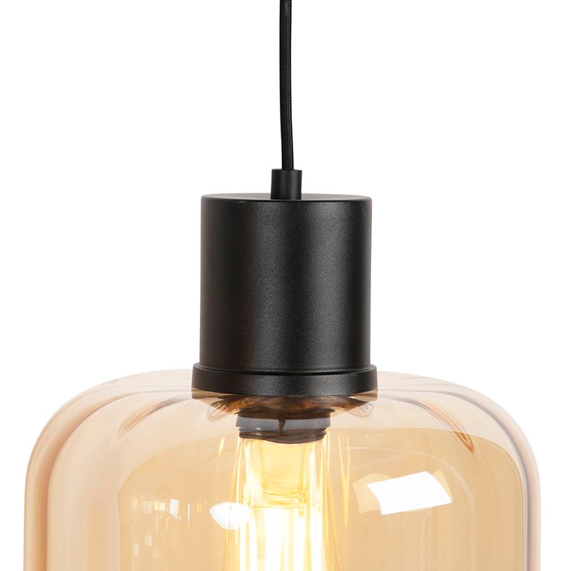 Design hanglamp zwart met amber glas 3-lichts 161,5 cm - Qara