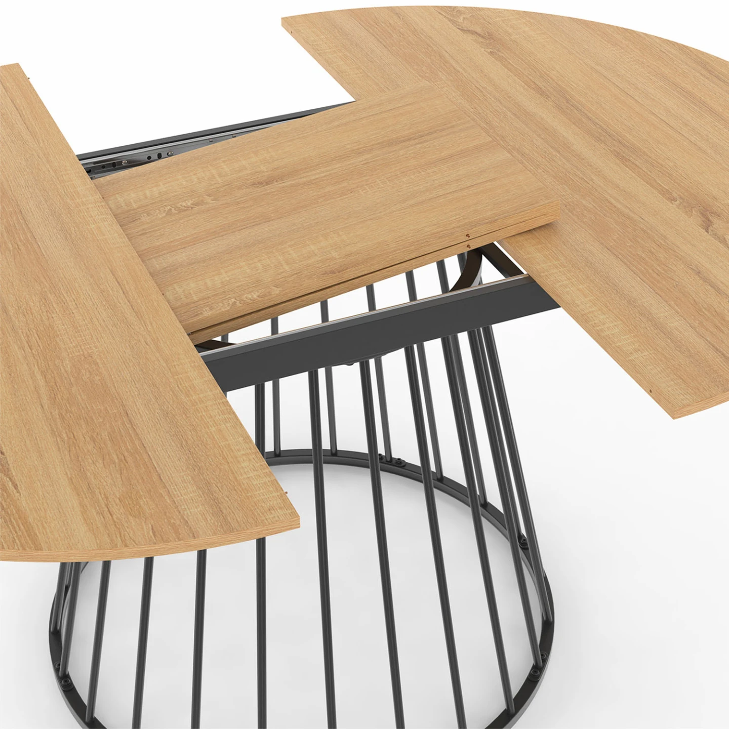 Table à manger extensible ronde YUNA 4-8 pers plateau bois et pied filaire en métal 110 - 150 cm
