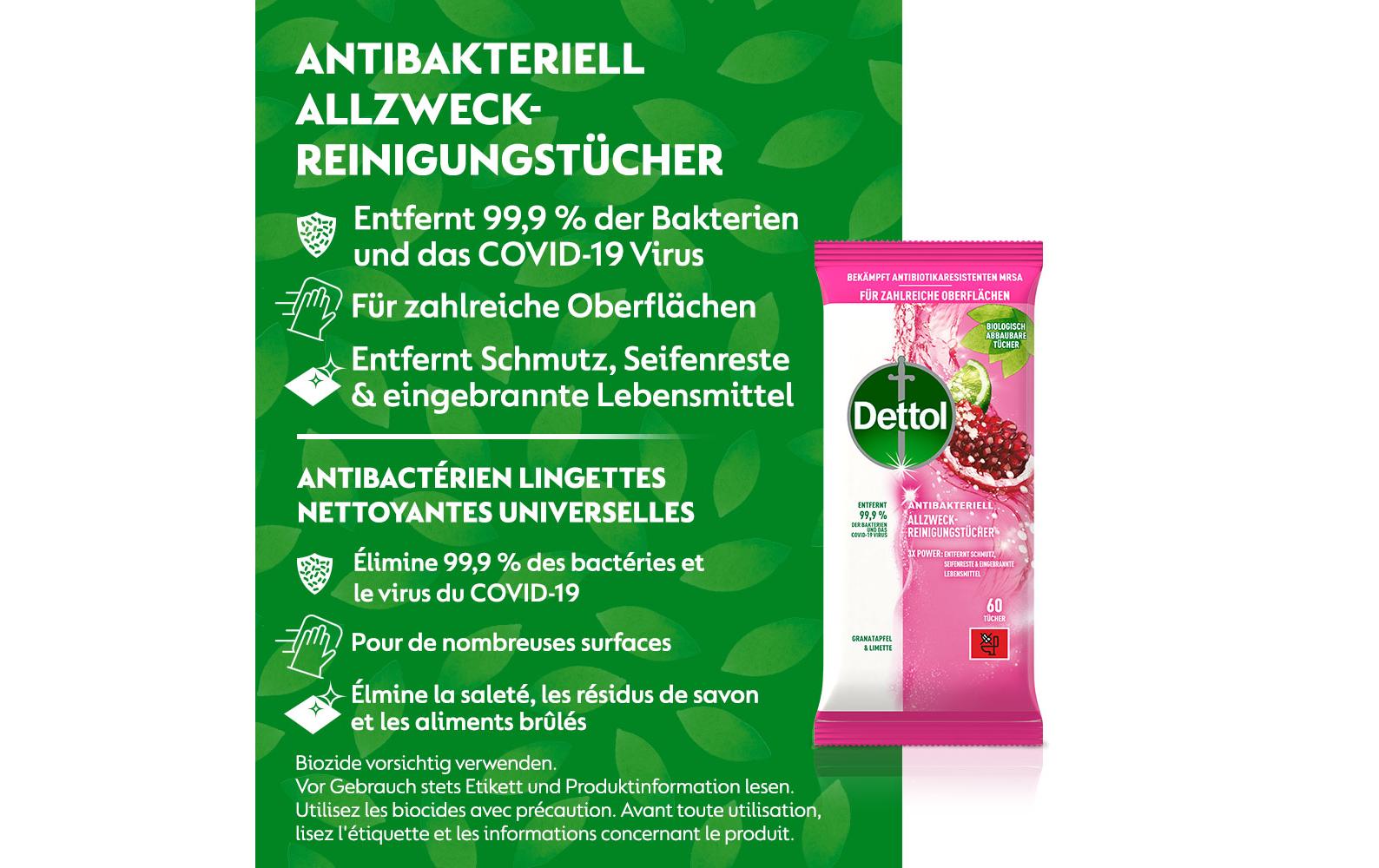 Allzweck-Reinigungstücher Granatapfel & Limette 60 StückAntibakterieller Oberflächenreiniger mit fruchtigem Duft