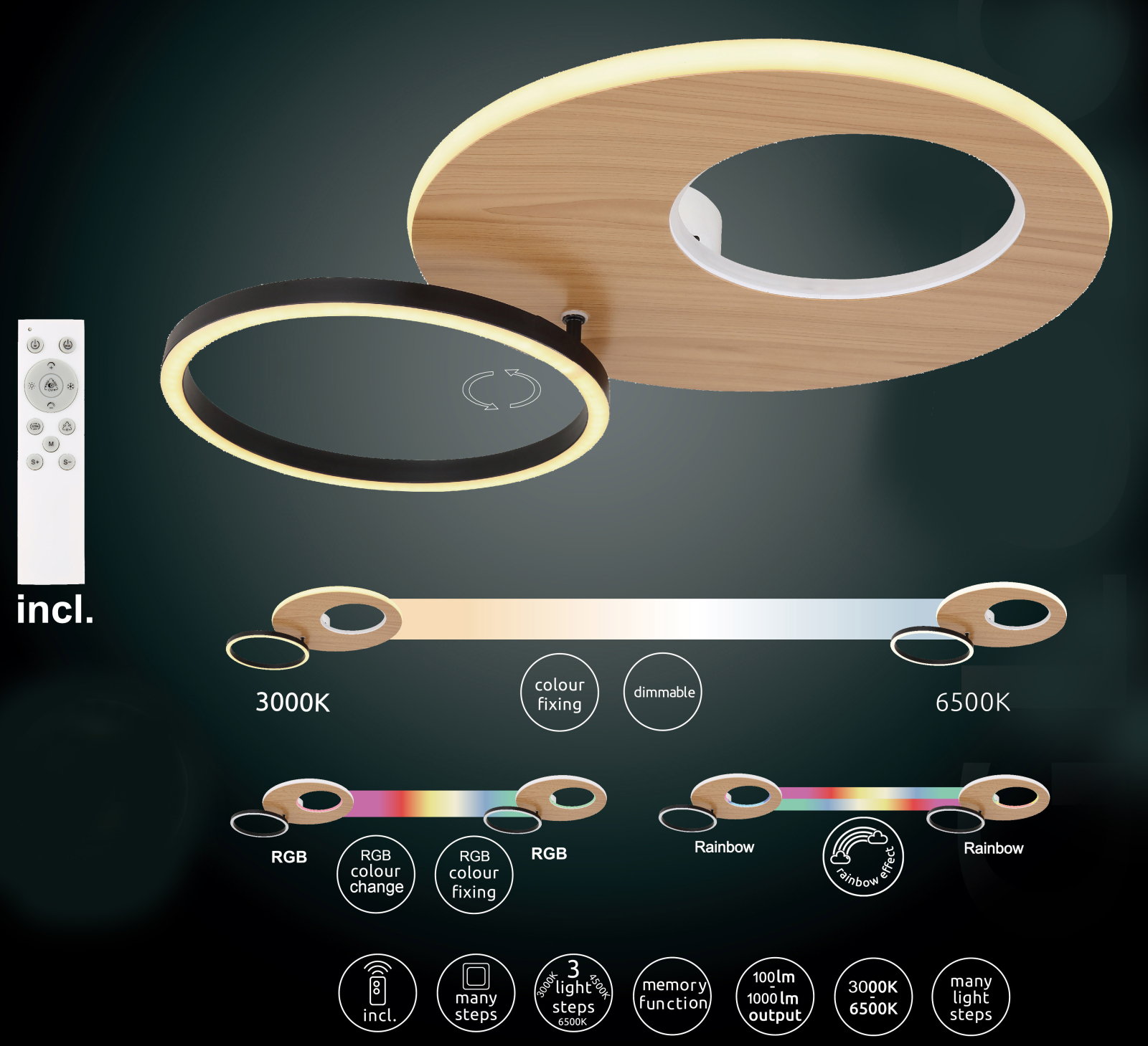 LED-Deckenleuchte FORSI - schwarz-weiß - Holzoptik- 61,2cm