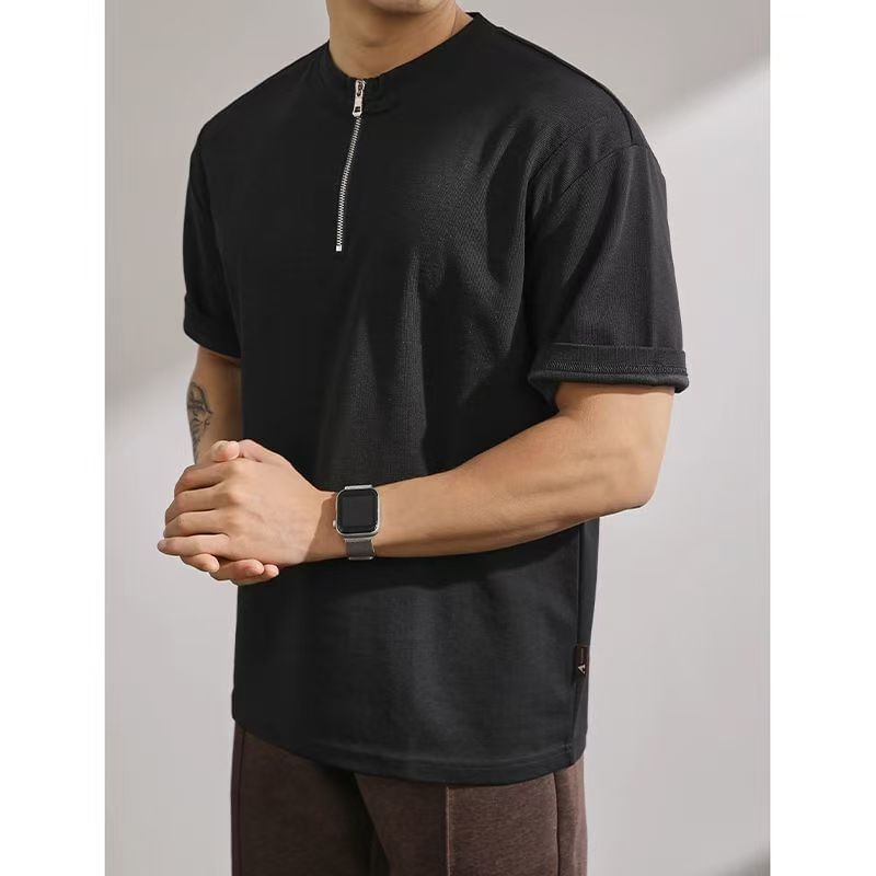 fluffush - Effen T-shirt met ronde hals, halve rits en elleboogmouwen