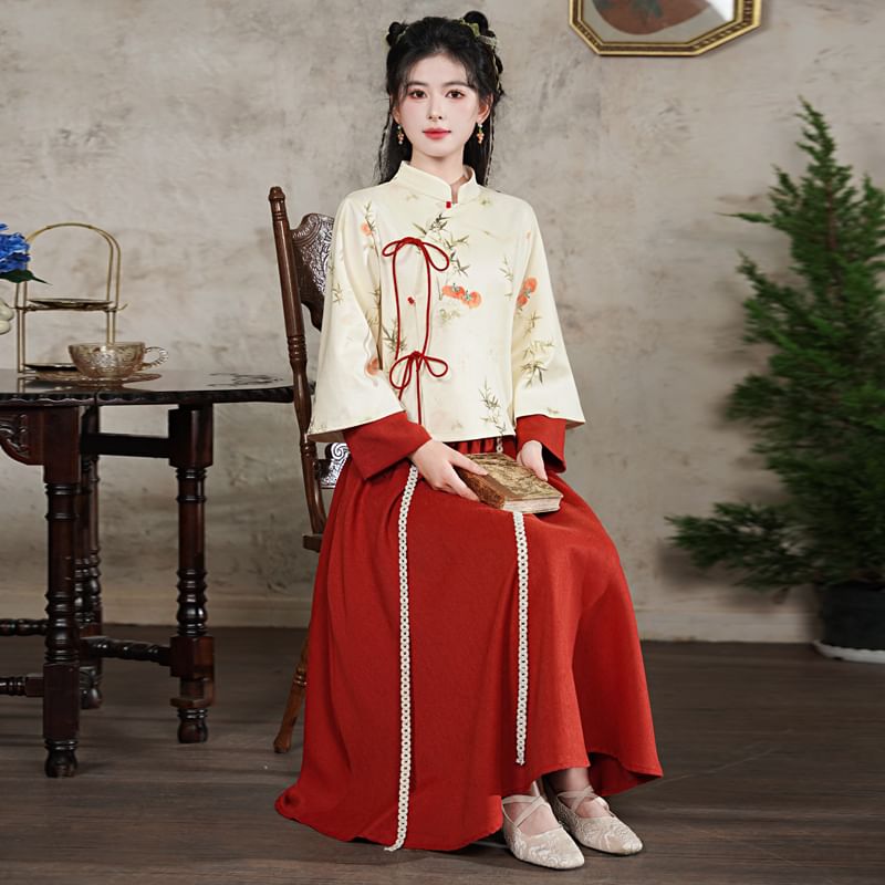 Fioridi - Hanfu-top met lange mouwen en bloemenprint en strik / Hoge taille effen midi-A-lijn rok