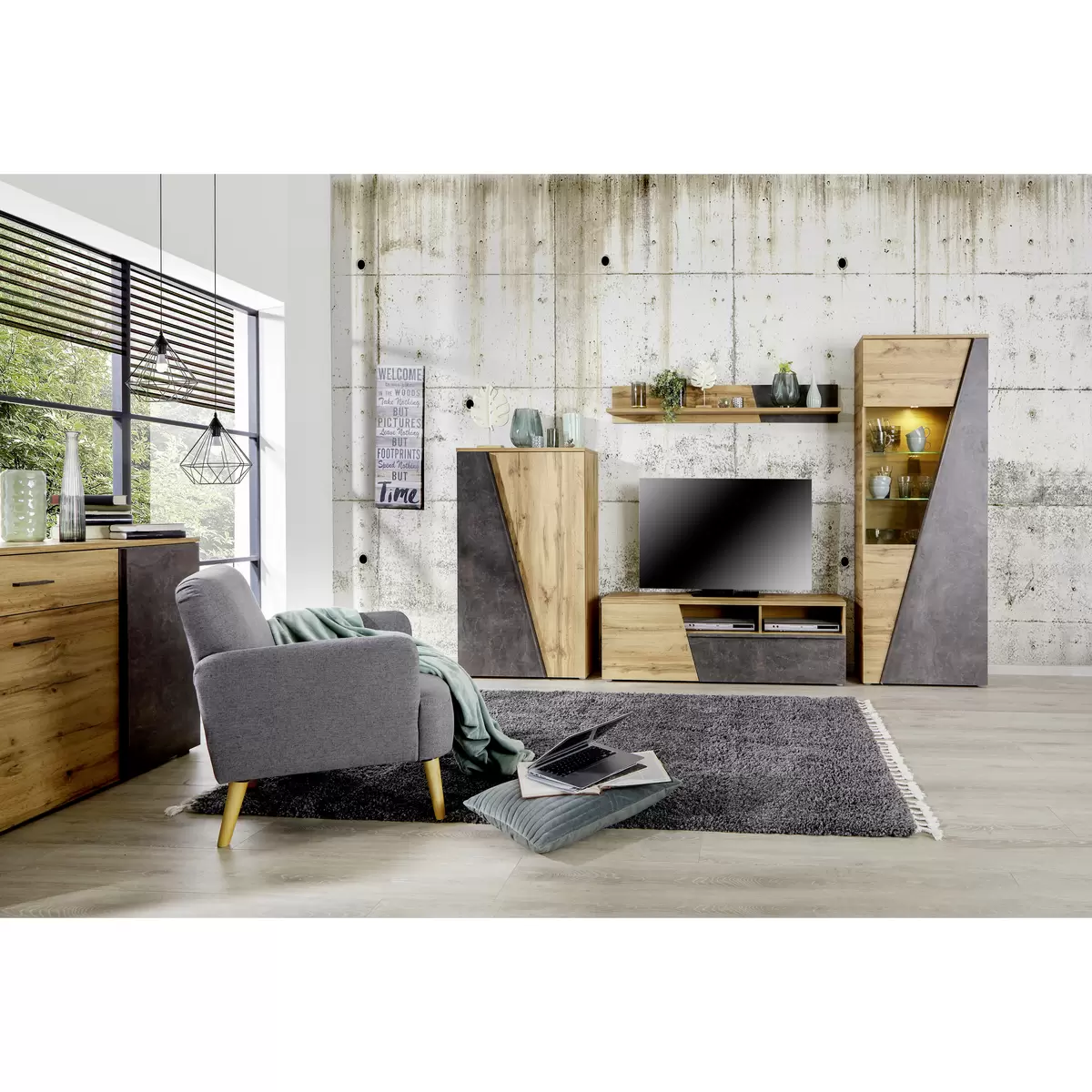 Vitrine Venedig Betonoptik,Eiche