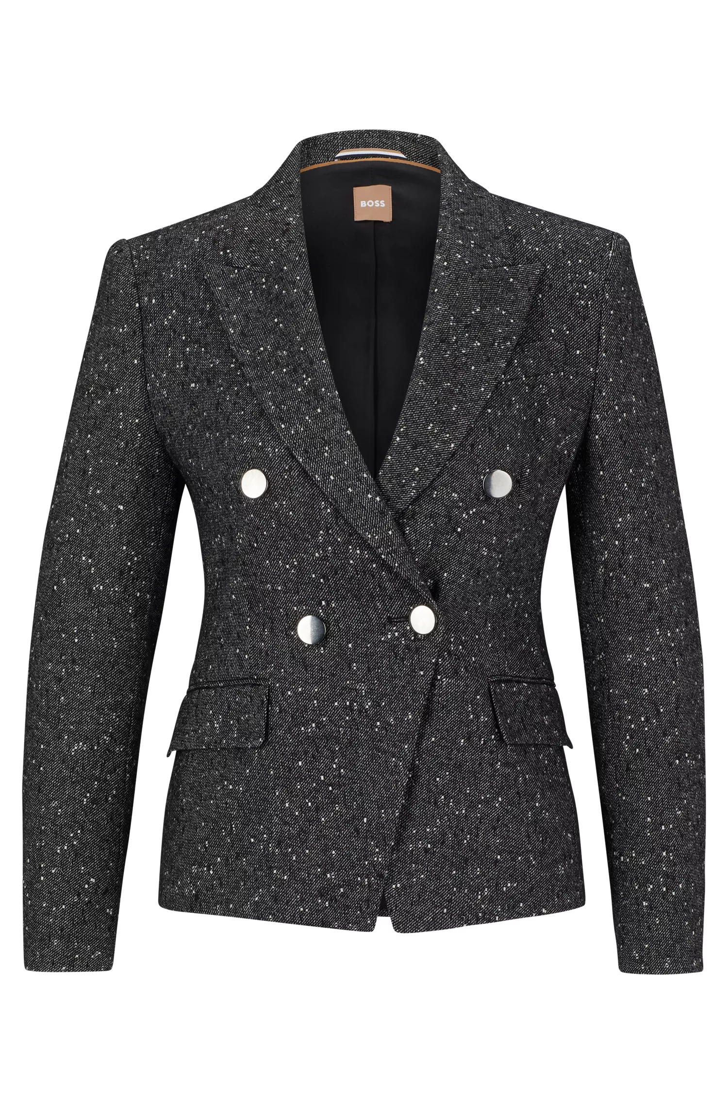 Jaqueta BOSS preta de corte slim em tweed estruturado.