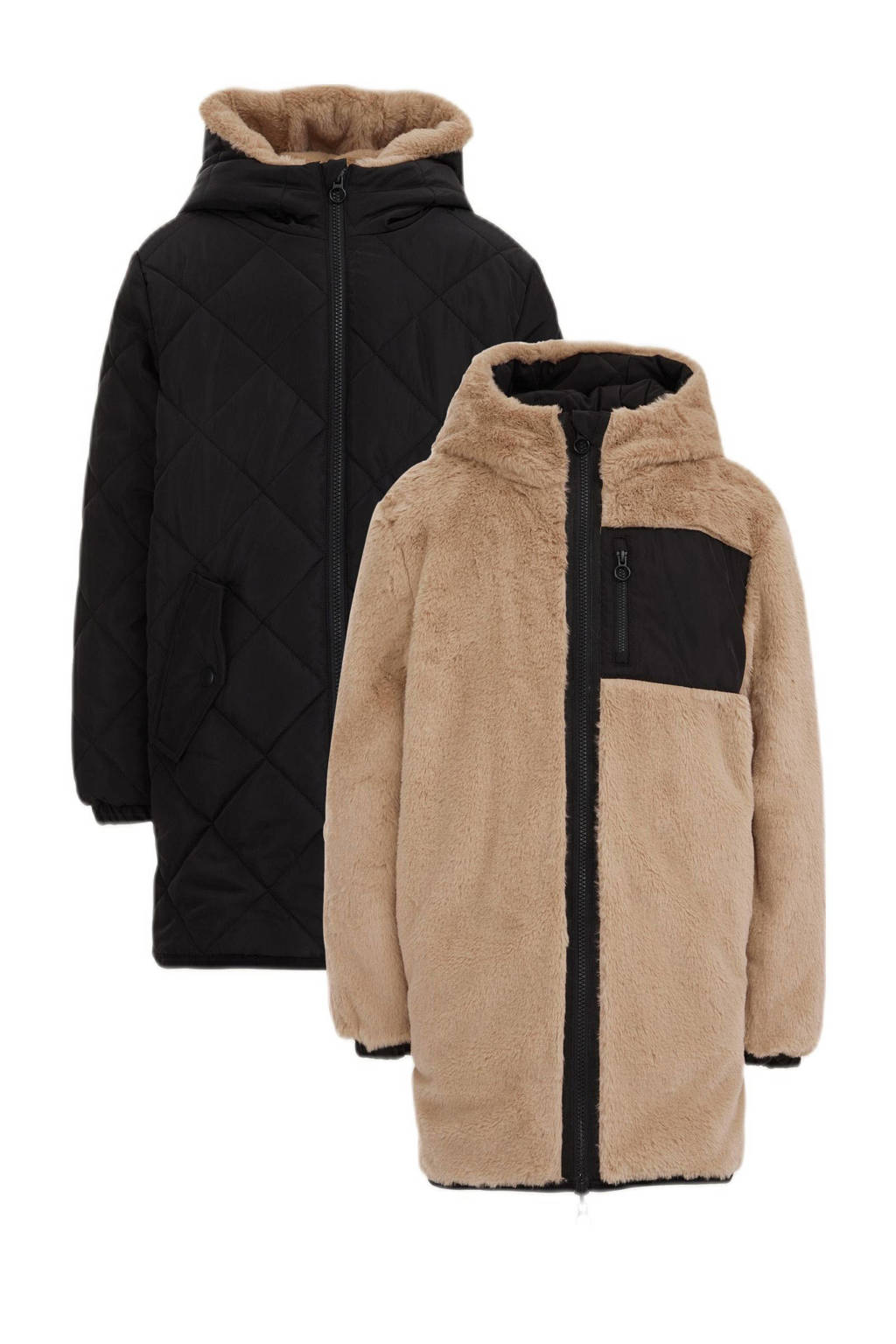 WE Fashion gewatteerde winterjas zwart/zand