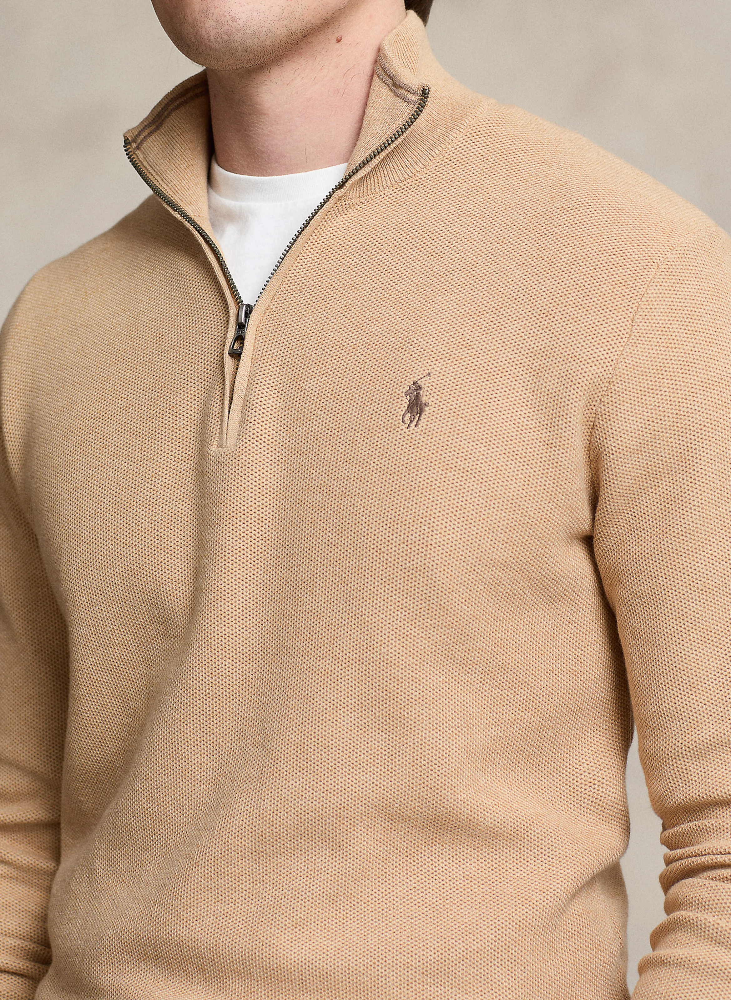 Pull col montant zippé en coton piqué | Beige