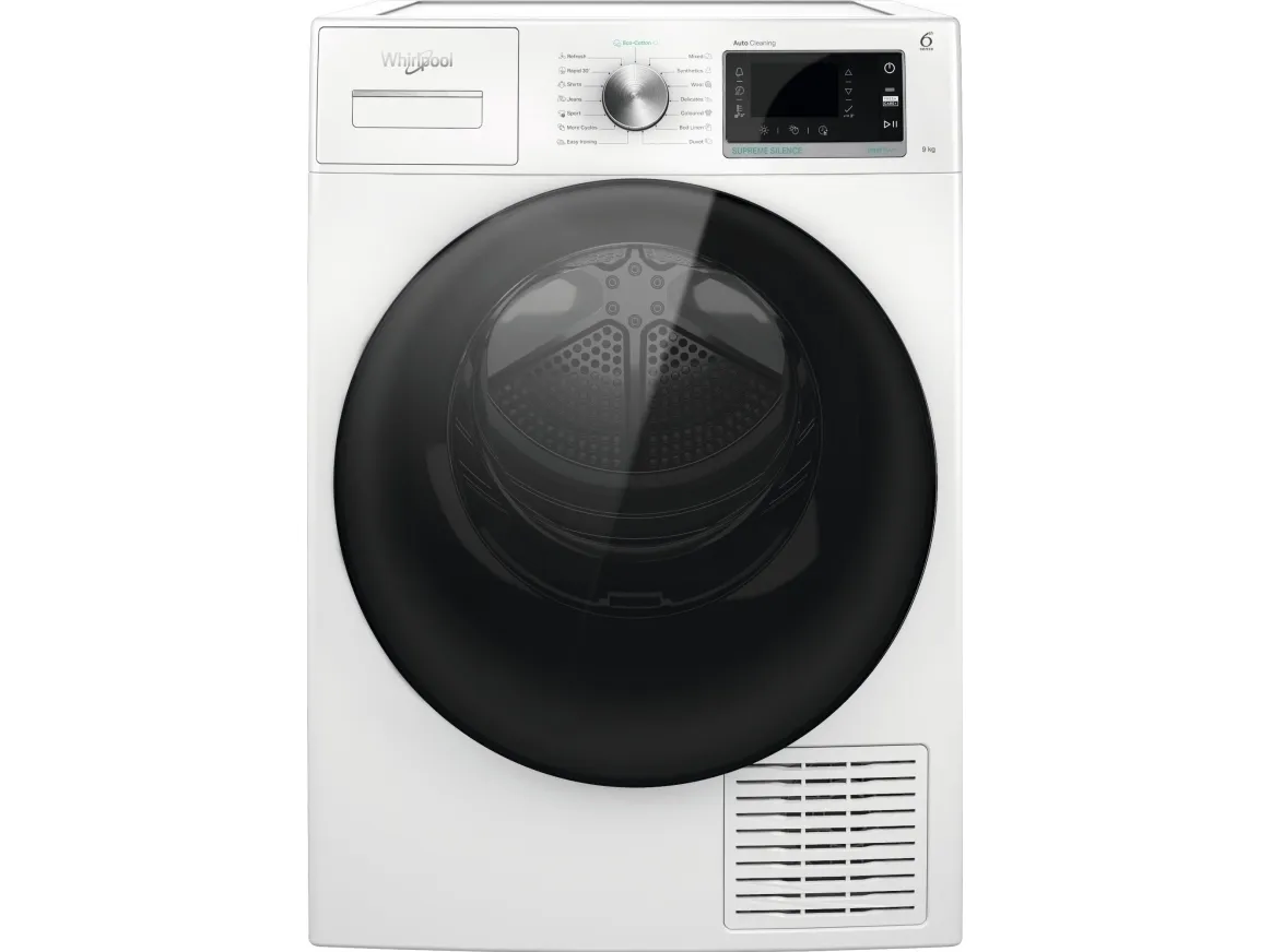 Whirlpool W7 D94WB EE, Fritstående, Front-læsning, Kondensering, Sort, Hvid, Knapper, Dreje, Højre