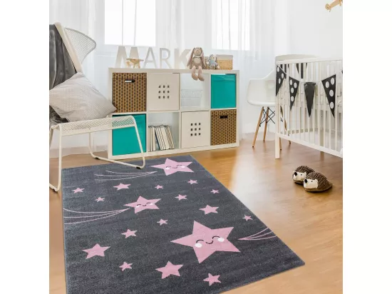 Tapis enfant 120x170 rectangle tissé rose et gris KID STARS