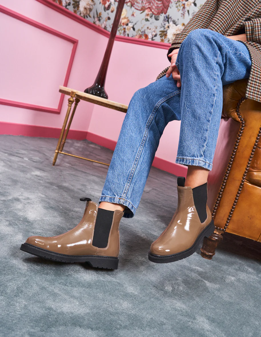 Bottines plates Marielle - Cuir verni taupe