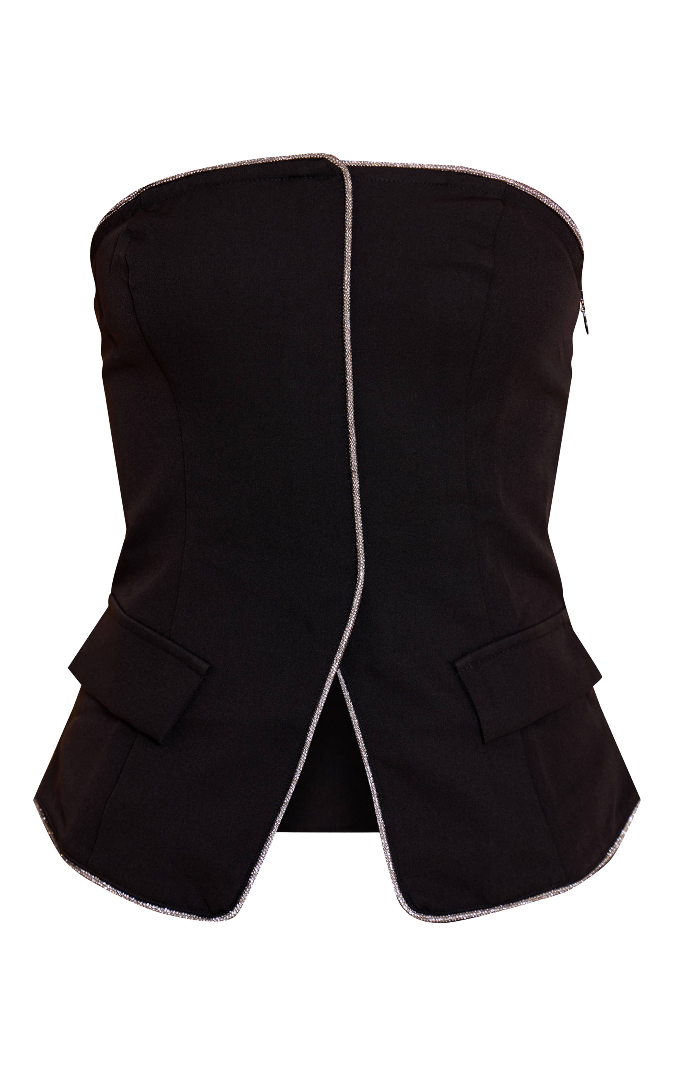 Noir Top Bandeau Ajusté En Tissu Tissé Avec Ornements De Strass