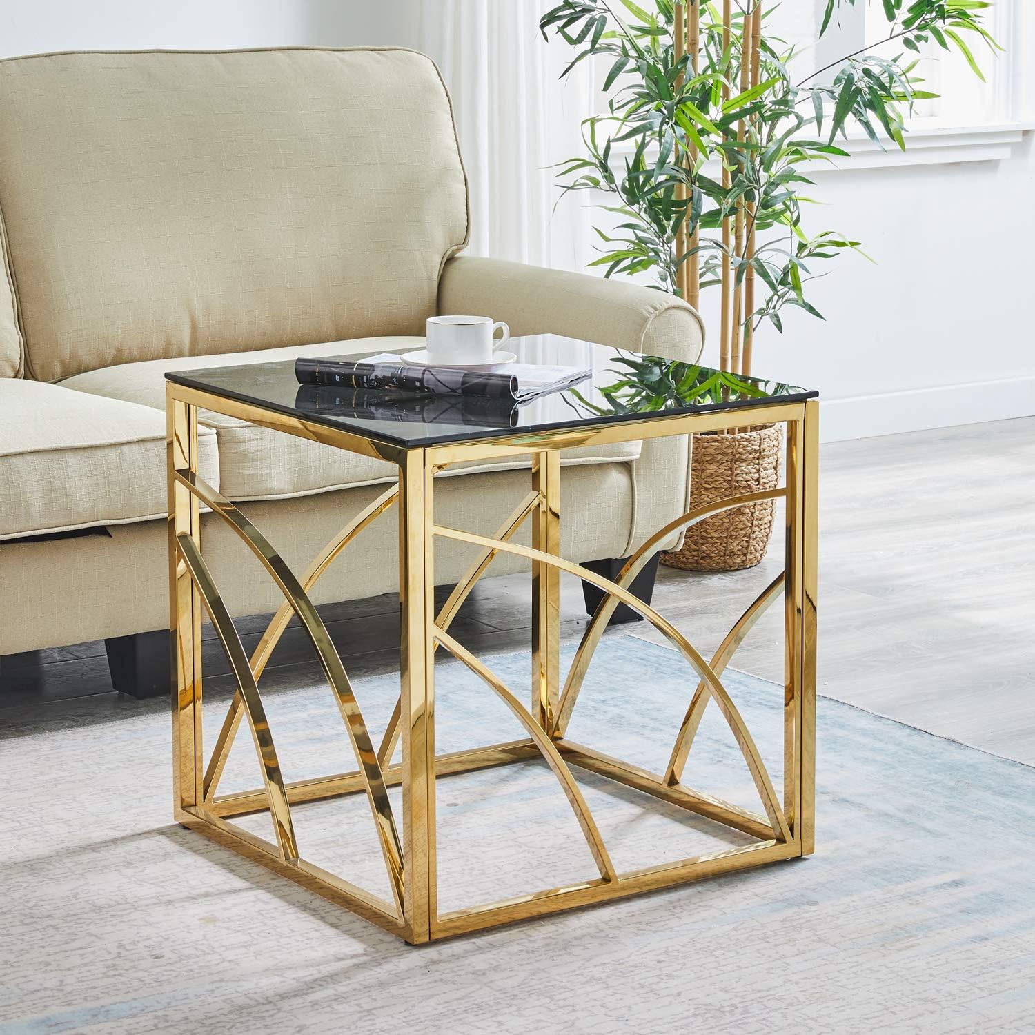 Beistelltische Couchtisch Sofatisch für Wohnzimmer, Schlafzimmer Küche Café und Bar, moderner Kaffeetisch mit Edelstahl Gestell und transparentem Hartglas (golden Grauer Glas)