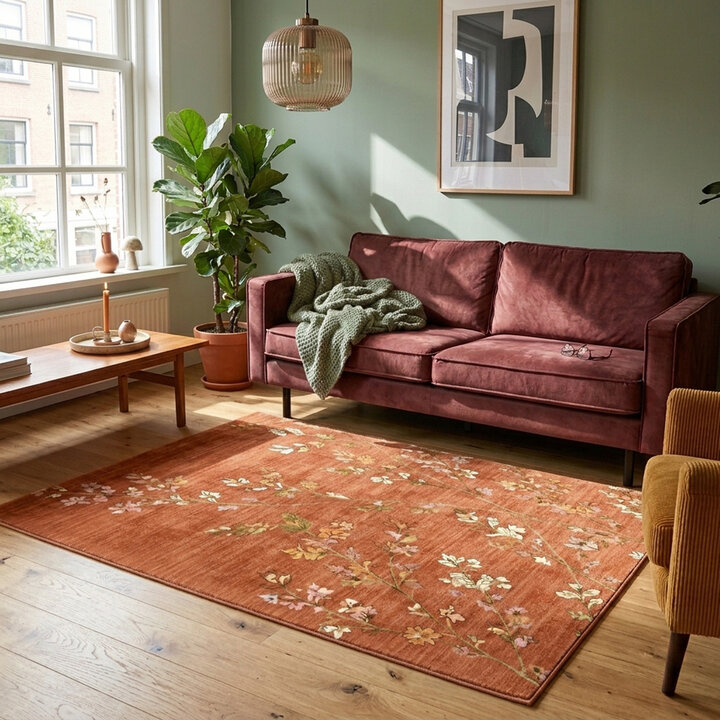 Wasbaar vloerkleed - Misty Floral Terracotta | Wasbaar