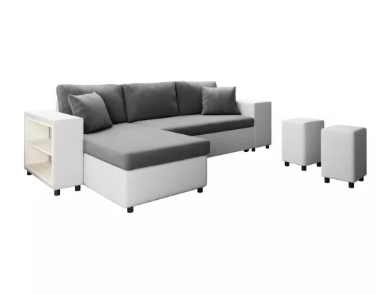 Canapé d'angle réversible Mady bimatière gris/blanc avec coffre accoudoir étagère et poufs droit - L254 x P146 x H81cm - Loungitude