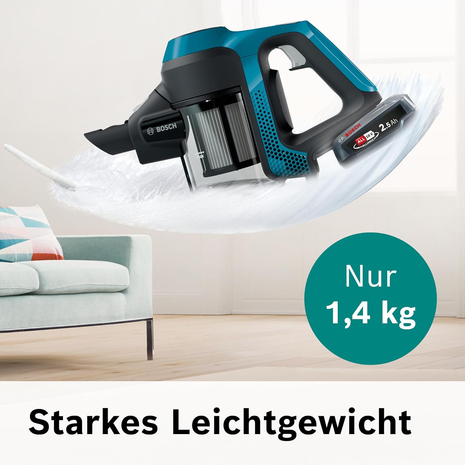 Bosch Akku-Staubsauger Unlimited 6 BKS6111P, kabelloser Handstaubsauger, beutellos, leicht, Hygiene-Filter, 10 Jahre Motorgarantie, hohe Saugleistung, Lange Laufzeit, alle Bodenarten, blau