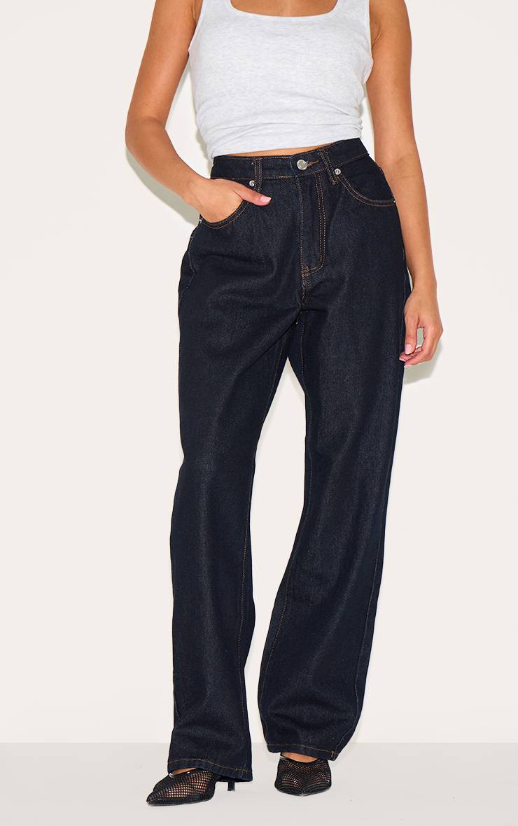 Bleu Indigo Foncé Jean Droit Taille Haute Petite
