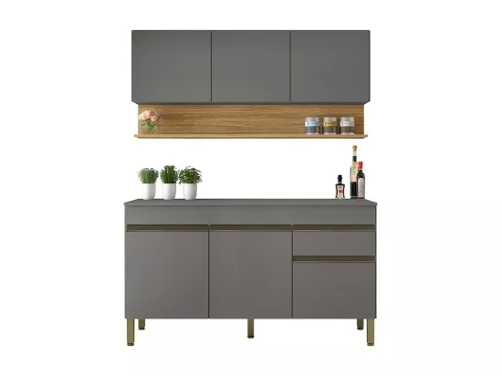 Cuisine Equipée 6 Portes 1 Tiroir Chêne et Gris L 120 H 200 P 53.3 cm