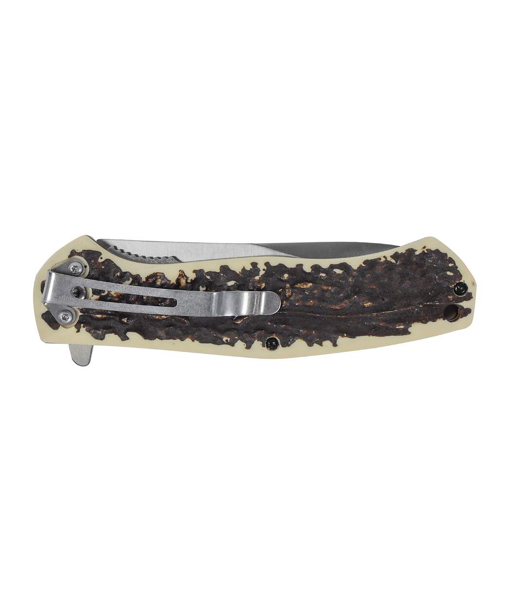 Couteau de chasse pliant manche imitation corne percussion