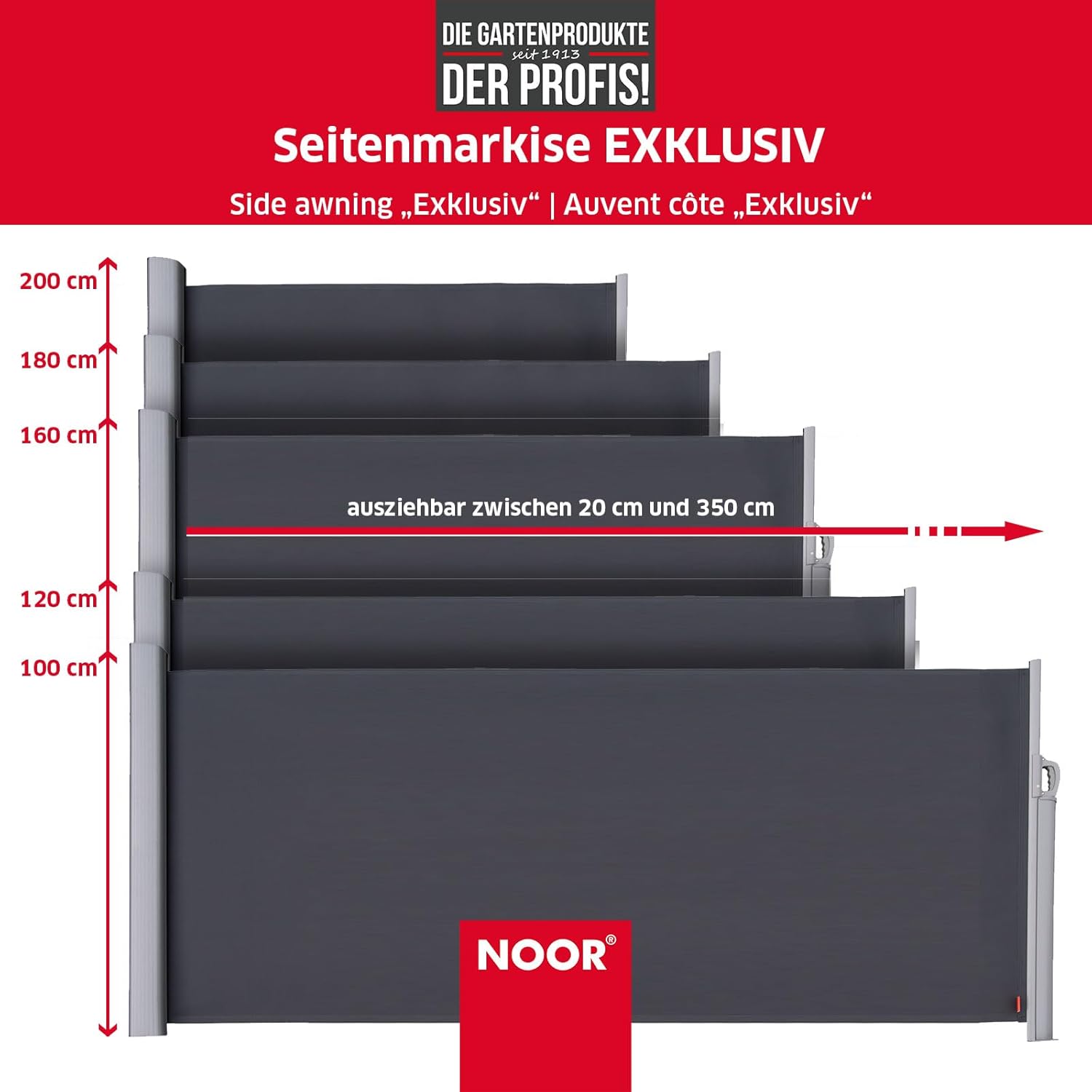 NOOR Seitenmarkise EXKLUSIV 160x350 cm Anthrazit - blickdichter Sichtschutz für Balkon, Terrasse & Garten - ausziehbarer Sonnenschutz/Windschutz inkl. Befestigungen - imprägniert und wasserabweisend