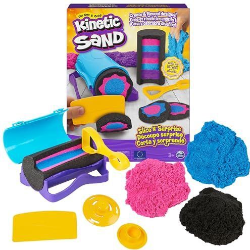 Kinetic Sand - Slice N' Surprise speelset met 383 g zwart roze en blauw speelzand en 7 gereedschappen - Sensorisch speelgoed