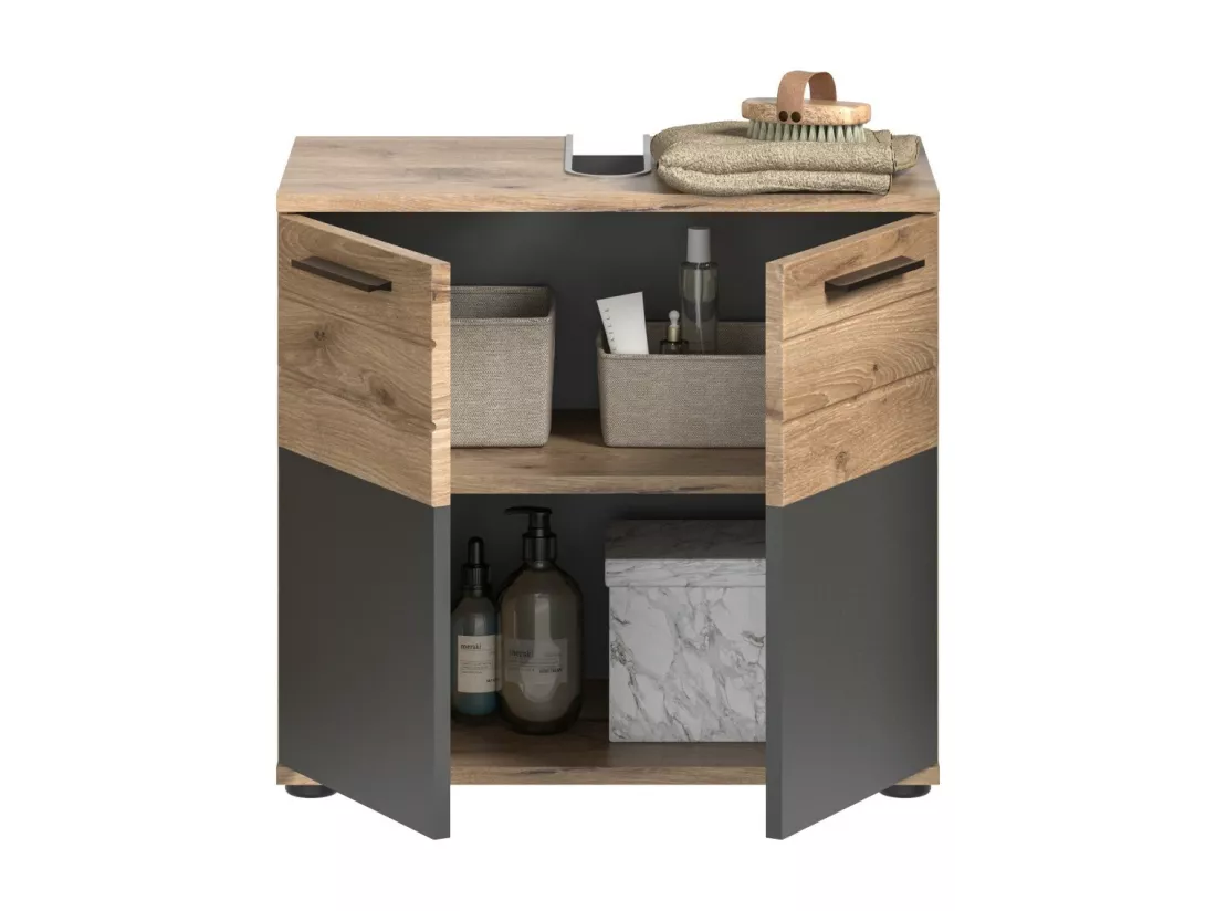 Meuble sous vasque 2 portes – Gris anthracite et chêne clair – SELMA