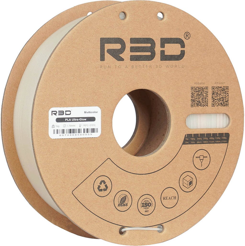 R3D  PLA Ultra-Glow Multicolor, 1,75 mm / 1000 g    Mehrfärbiges PLA-Filament mit starkem Leuchteffekt