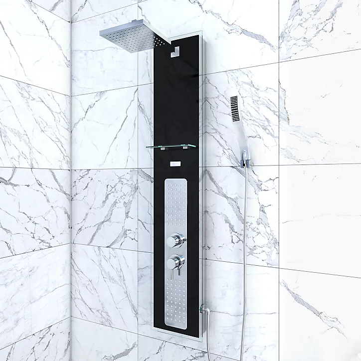 Colonne de douche hydromassante mécanique avec pommeau + douchette + flexible, noir, Galedo Crystal