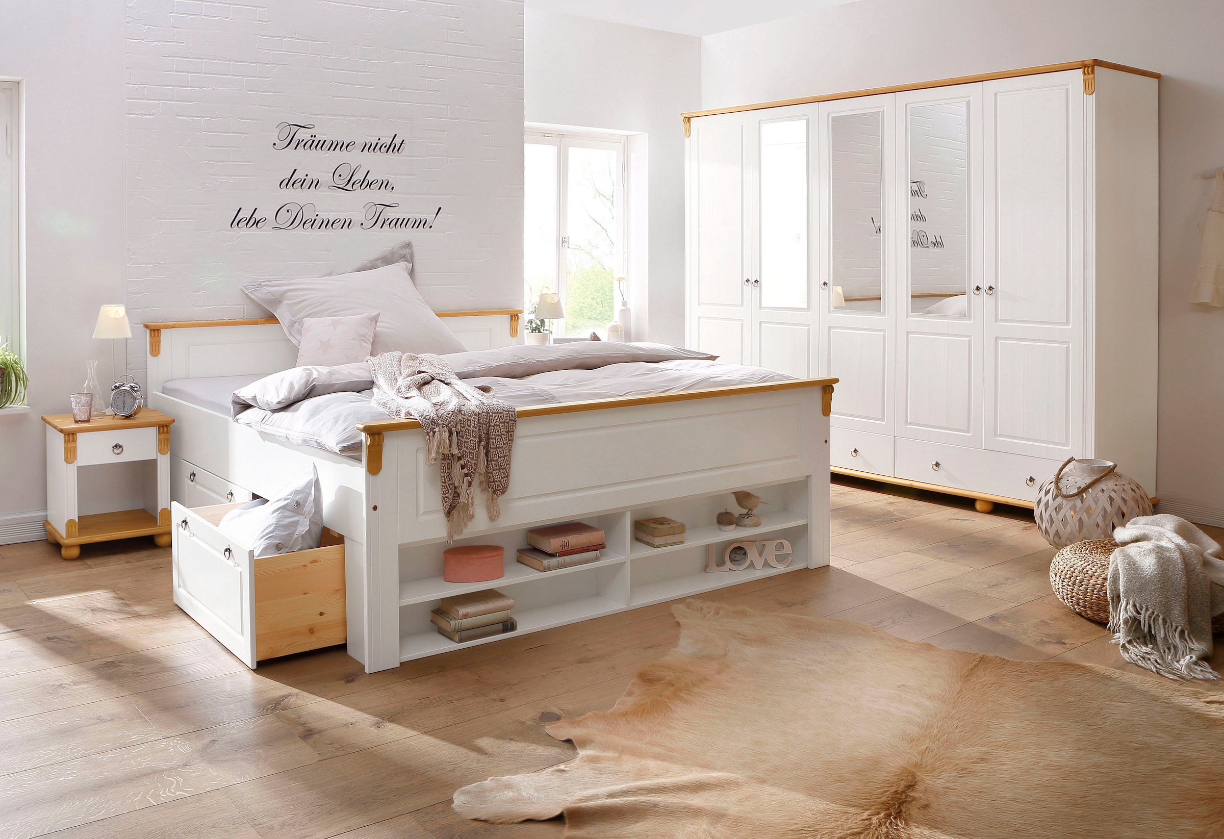 Home affaire Massivholzbett »Tessin, Stauraumbett, Landhausstil, Schubladen optional, rustikal« Breite/Belastbarkeit 180cm/220 KG, 140cm/180 KG,  zertifizierte Kiefer, Kassetten-Optik, stabile Qualität