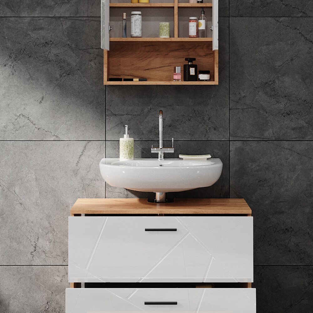 Vicco Badmöbelset Irma Eiche Weiß Hochglanz modern Badezimmerschrank Badschrank Badezimmermöbel Waschtischunterschrank Spiegelschrank Schrankschublade Schrankfach Schranktür