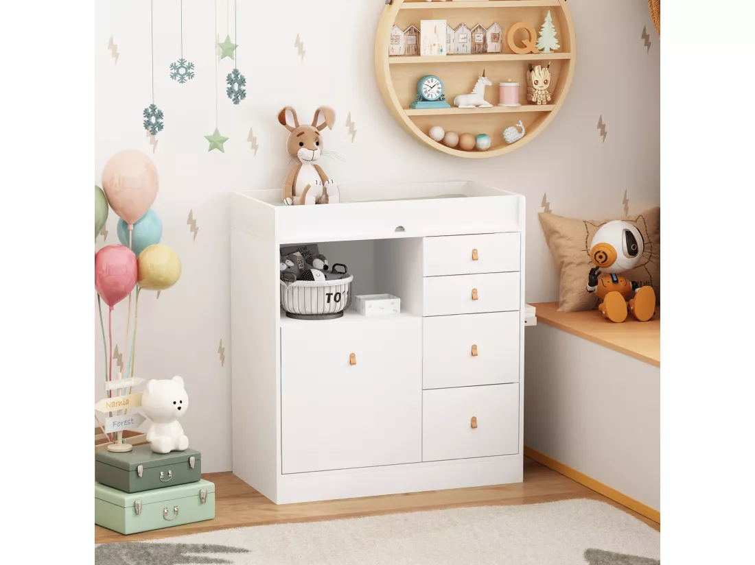 Commode à langer Meuble à langer avec 5 tiroirs Compariment ouverts Chambre bébé 85x46x99cm façade Blanc