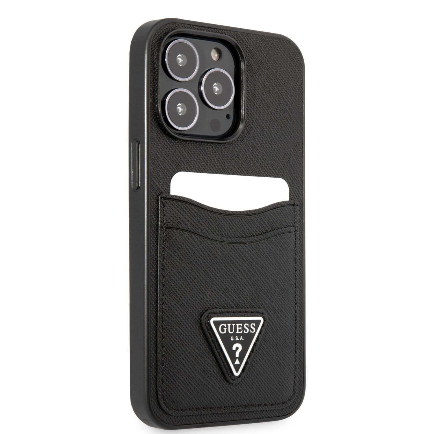 iPhone 13 Pro Leder Saffiano Hardcase Hülle mit Kartenfach (GUHCP13LPSATPK) - Schwarz
