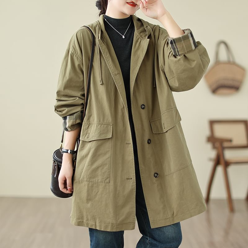 ZIMO - Effen trenchcoat met capuchon en enkele rij knopen