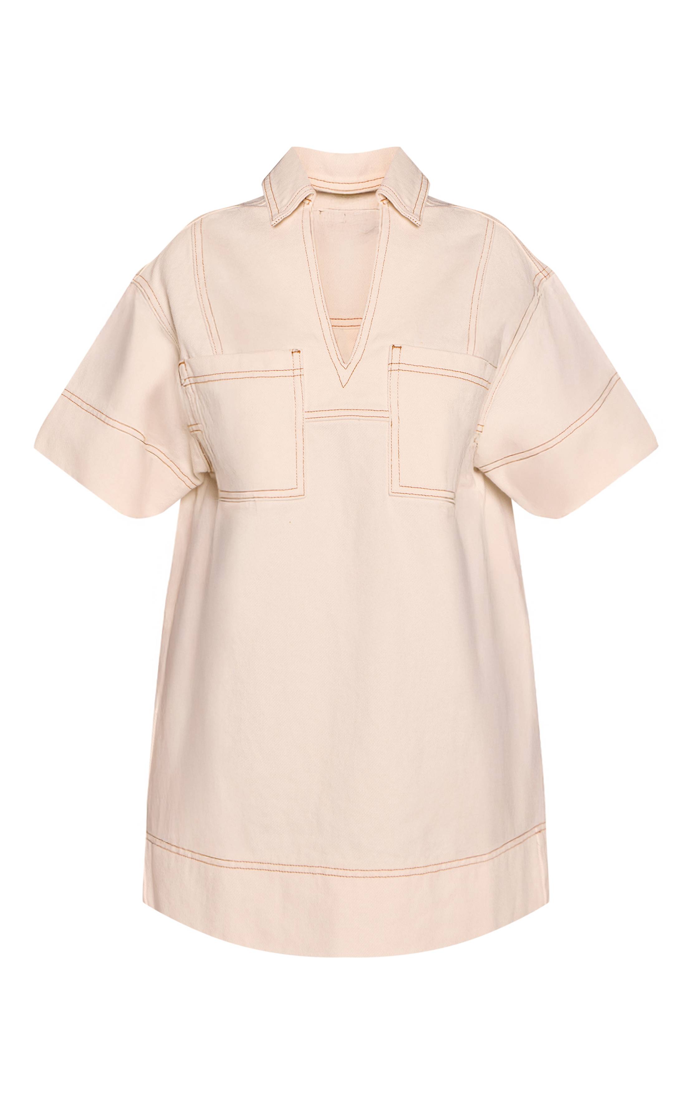 Ecru Robe En Denim À Manches Courtes Avec Coutures Contrastées Petite