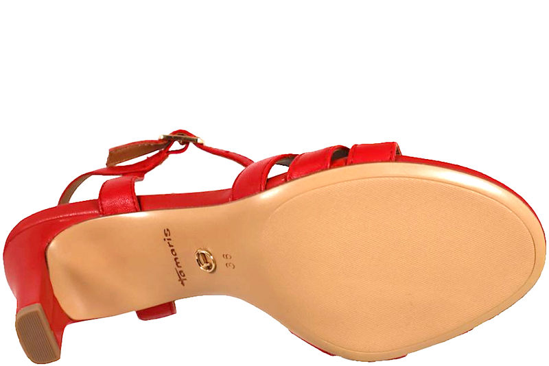 TAMARIS SANDAL I RØDT SKIND PÅ HÆL