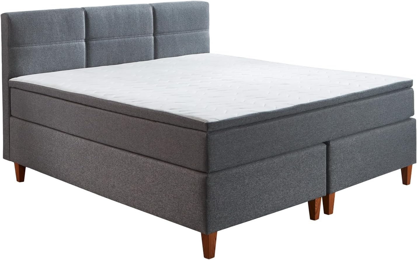 Boxspringbett - 180 x 200 cm - Braun - Grau - Webstoffbezug - Holzdekorfüße - mit Topper
