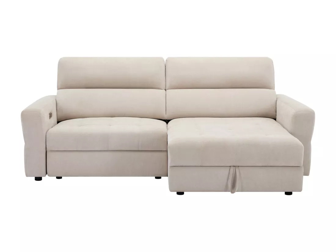 Canapé d'angle droit relax électrique avec assise coulissante en tissu beige OLMERIO