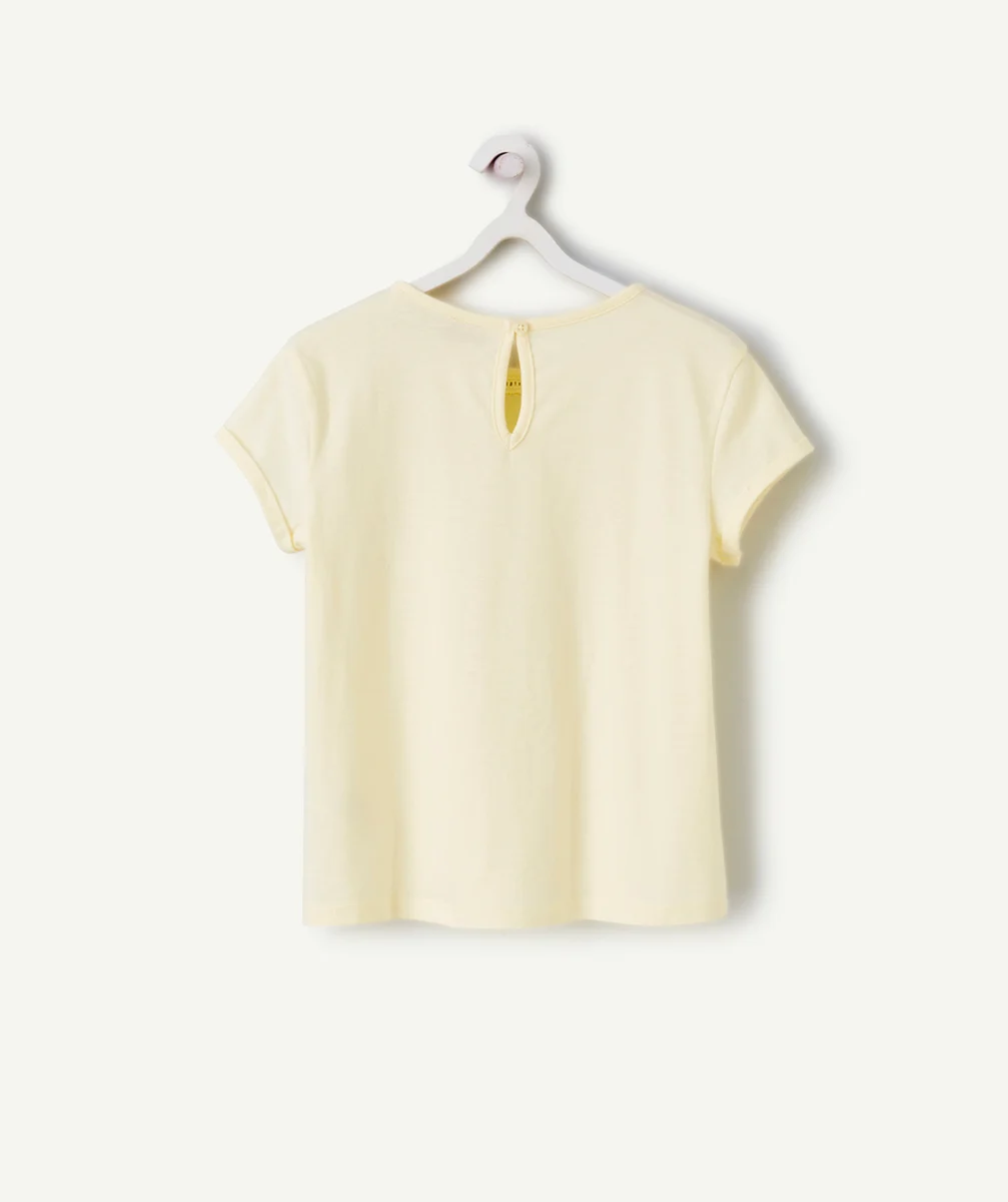 T-SHIRT MANCHES COURTES FILLE EN COTON BIO JAUNE PÂLE AJOURÉ