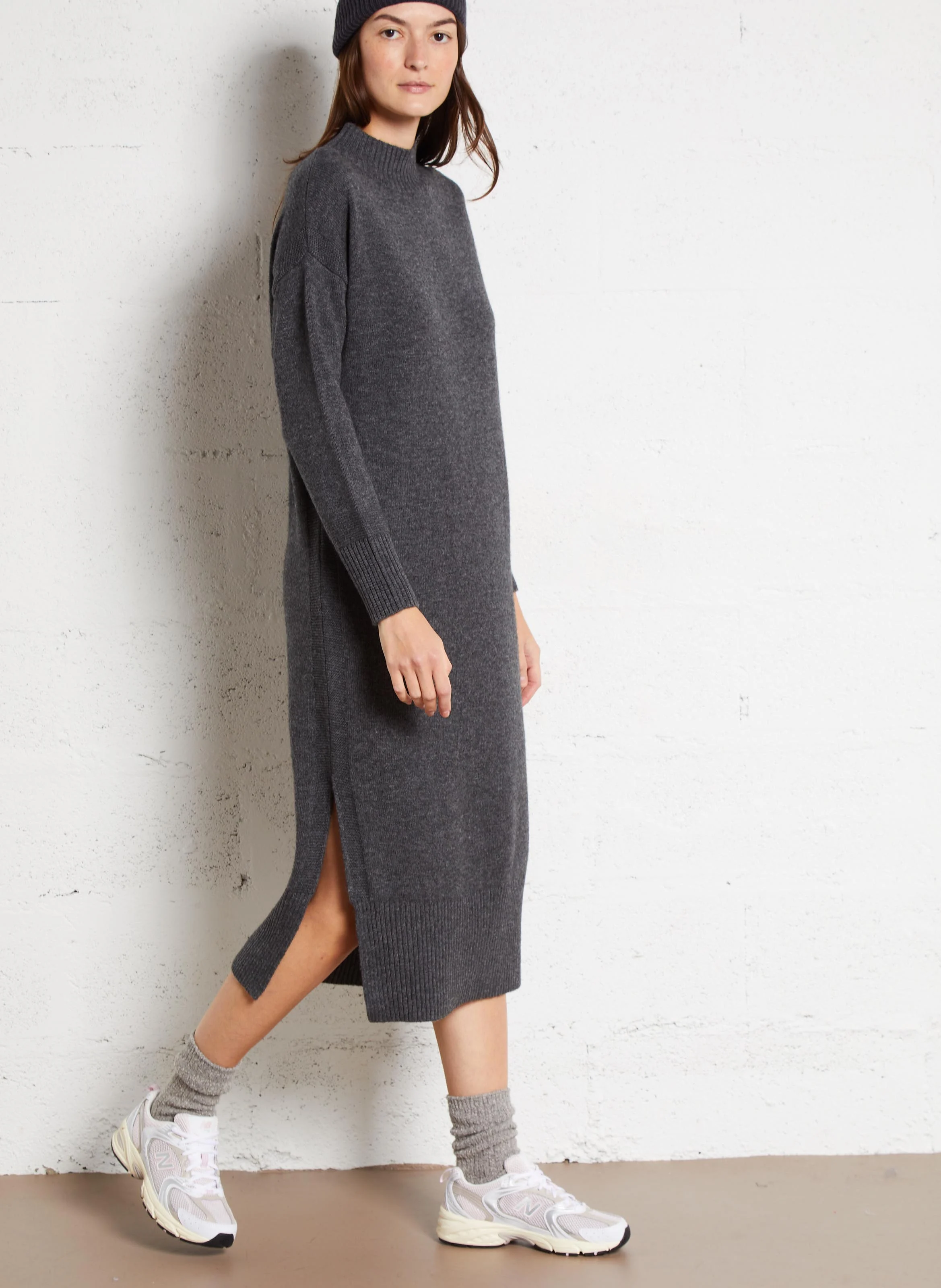 MARIANE - Robe midi col montant en laine | Gris