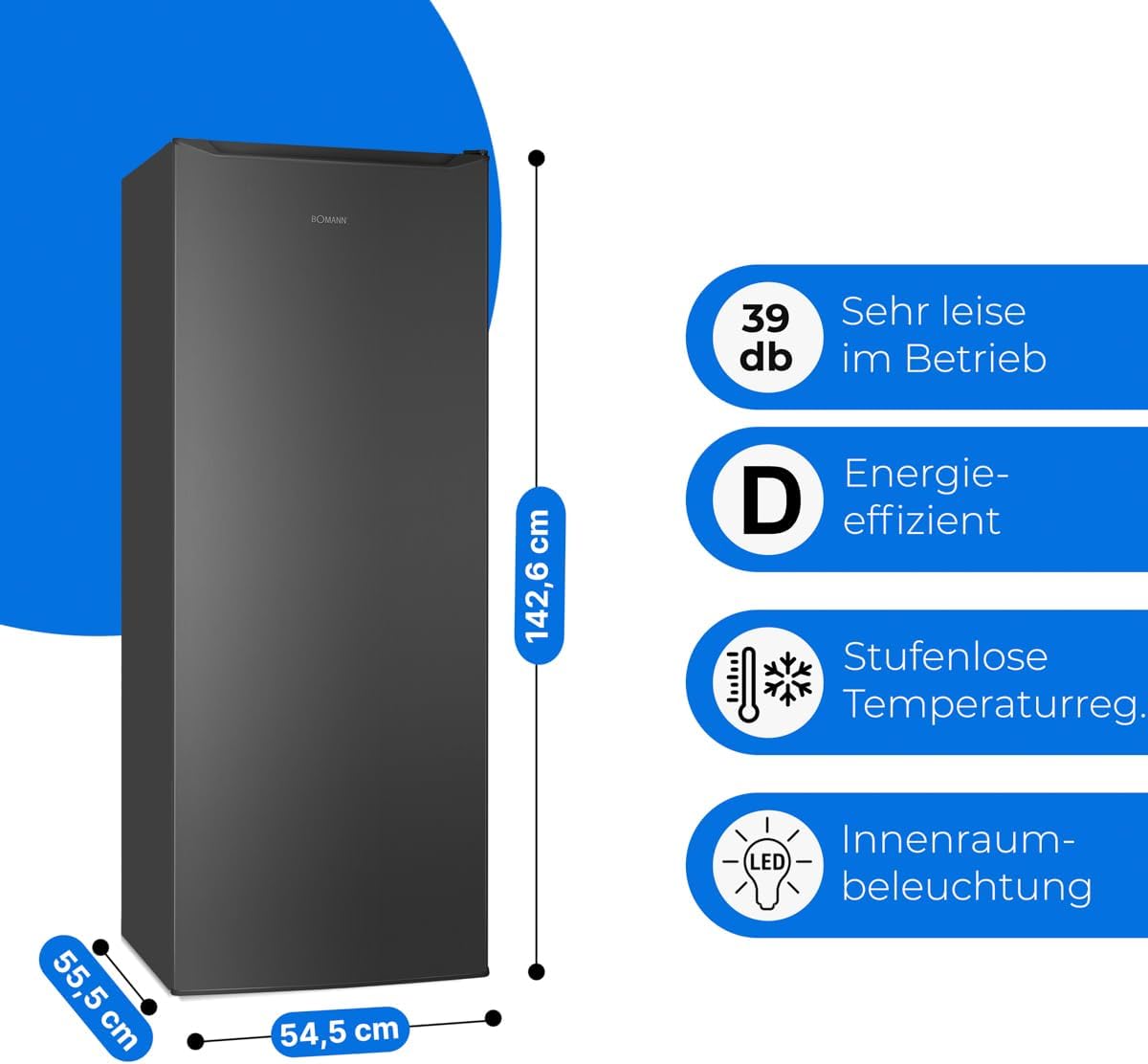Bomann® Kühlschrank ohne Gefrierfach | Energieklasse D | 143cm | 5 Ablagen | 0°C ~ +8°C | leise 39dB | Getränkekühlschrank | 242L Flaschenkühlschrank | Kühlschrank groß | VS 7363 schwarz-inox