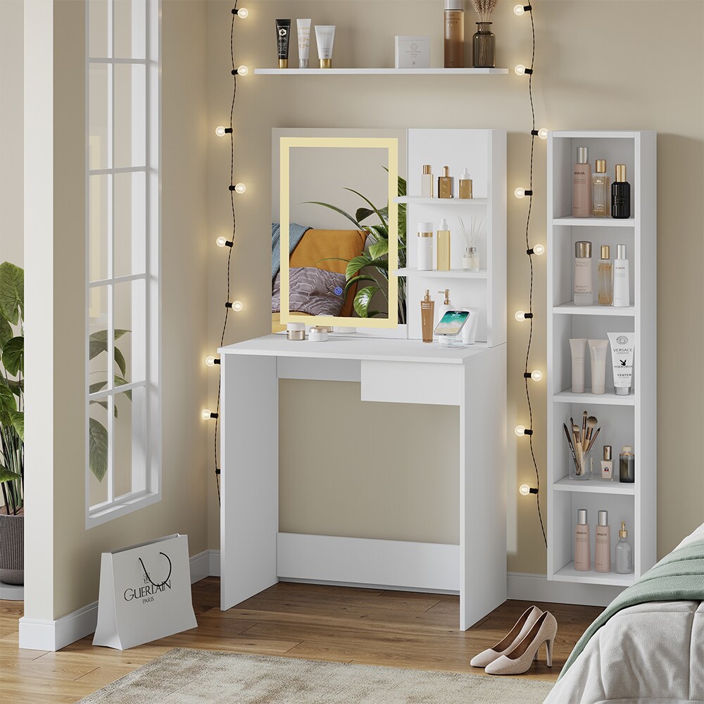 Vicco Schminktisch Dekos Weiß 75 cm mit LED-Spiegel und QI-Ladestation