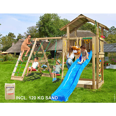Jungle Gym Chalet 2.1 legetårn komplet inkl. klatremodul og 120 kg sand + blå rutsjebane