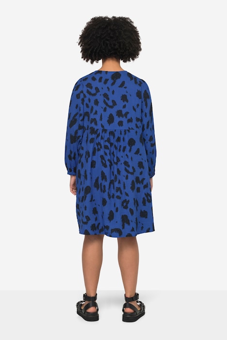 Musselin-Kleid, Leodruck, Tunika-Ausschnitt, weite Ballonärmel