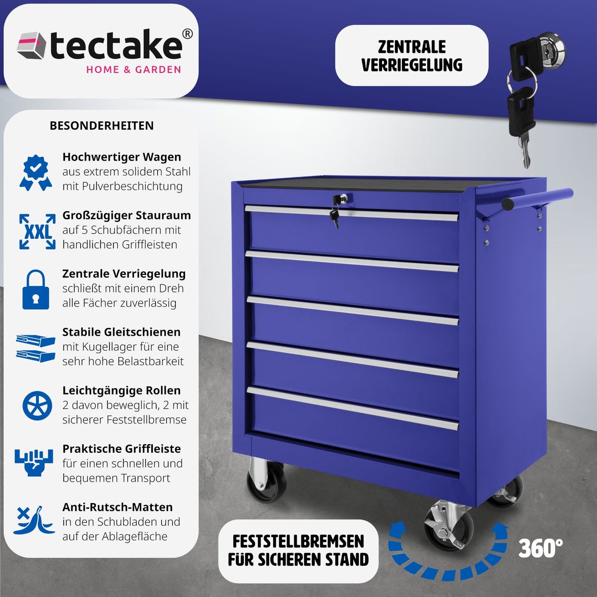 tectake gereedschapswagen met 5 kogelgelagerde laden met antislipmatten en wielen met een diameter van 100 mm.